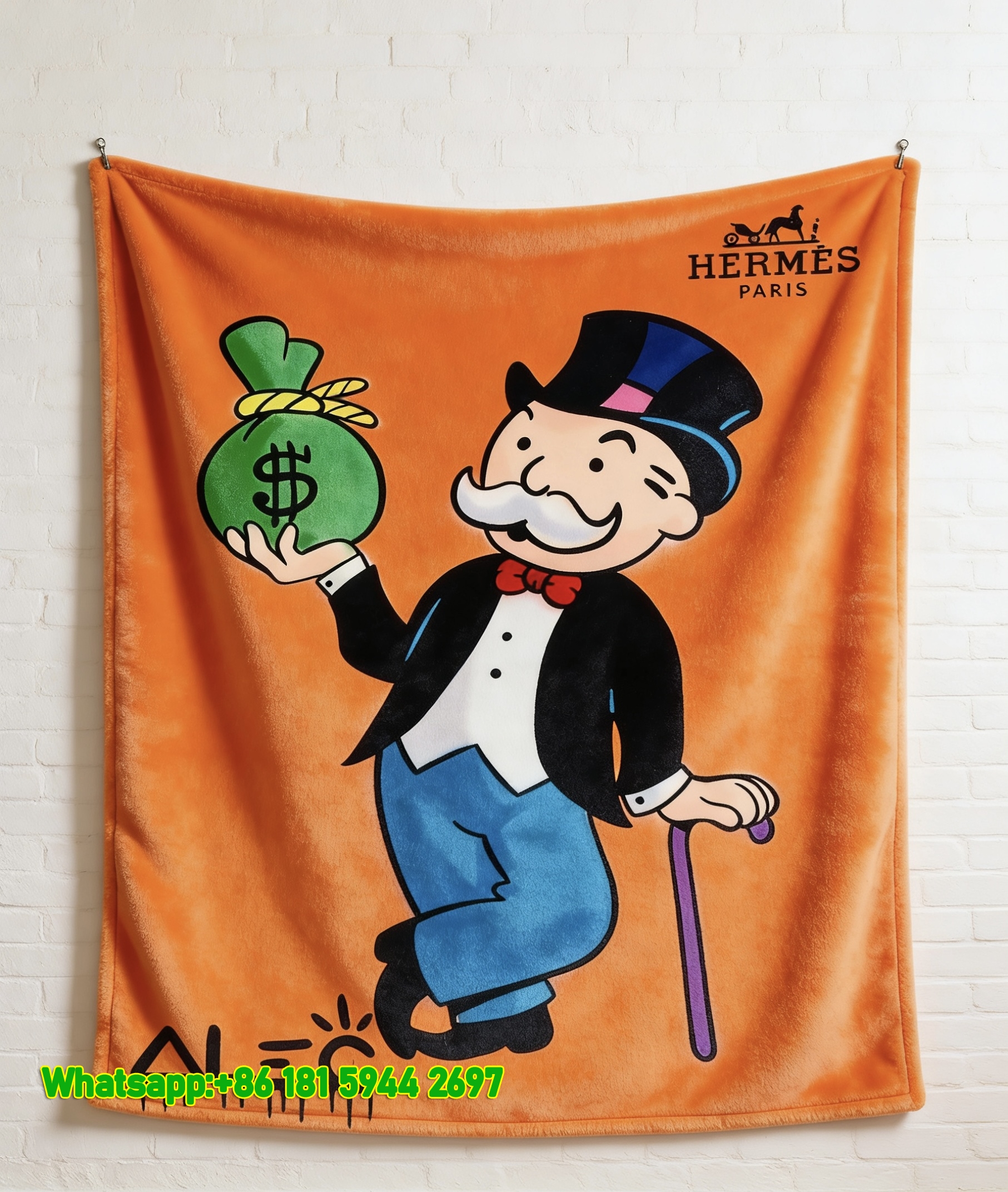 Monopoly Man Hermès Money Bag Flannel Sofa Throw Blanket IMG_5361